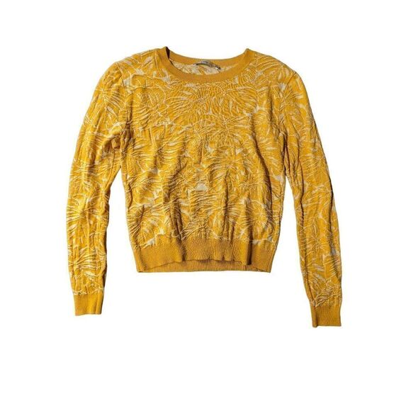 ZARA KNIT Mustard Yellow Floral Tropical Palm Embossed Sweater Medium - Picture 1 of 5